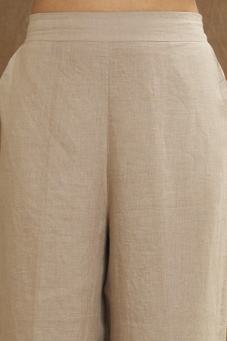 Shop_Linen Bloom_Brown Linen Solid Pant _Online_at_Aza_Fashions