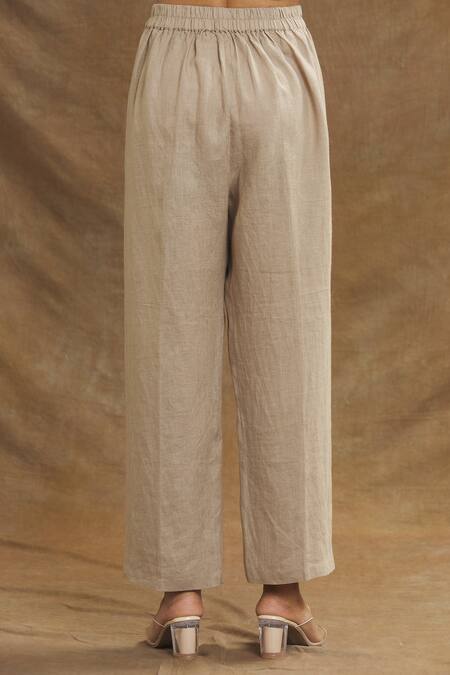 Linen Bloom_Brown Linen Solid Pant _at_Aza_Fashions
