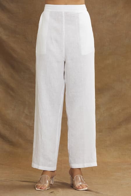 Buy_Linen Bloom_White Linen Pant _Online_at_Aza_Fashions