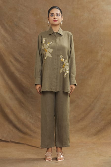 Buy_Linen Bloom_Green Linen Embroidery Collared Floral Shirt _Online_at_Aza_Fashions