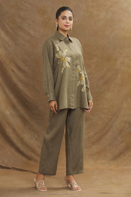 Shop_Linen Bloom_Green Linen Embroidery Collared Floral Shirt _Online_at_Aza_Fashions