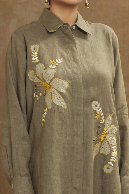 Linen Bloom_Green Linen Embroidery Collared Floral Shirt _at_Aza_Fashions