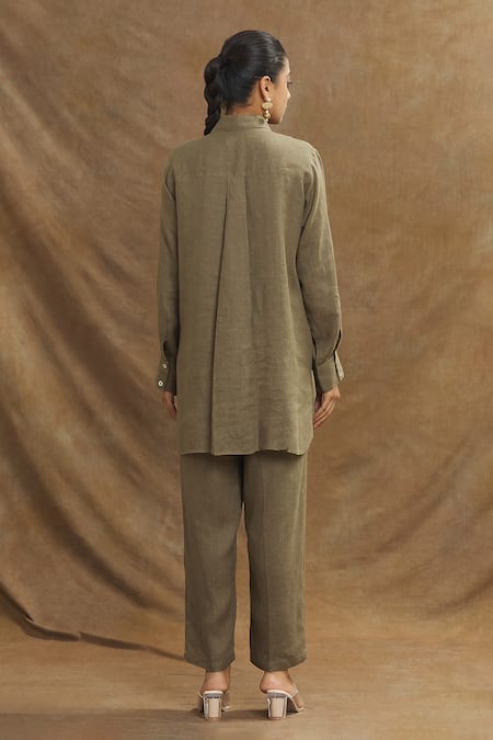 Linen Bloom_Green Linen Embroidery Collared Floral Shirt _Online_at_Aza_Fashions