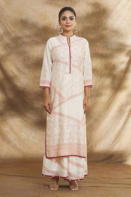 Buy Peenacolada White Chanderi Mandarin Collar Block Print Kurta Palazzo Set Online at Aza Fashions Buy_Peenacolada_White Chanderi Mandarin Collar Block Print Kurta Palazzo Set _Online_at_Aza_Fashions