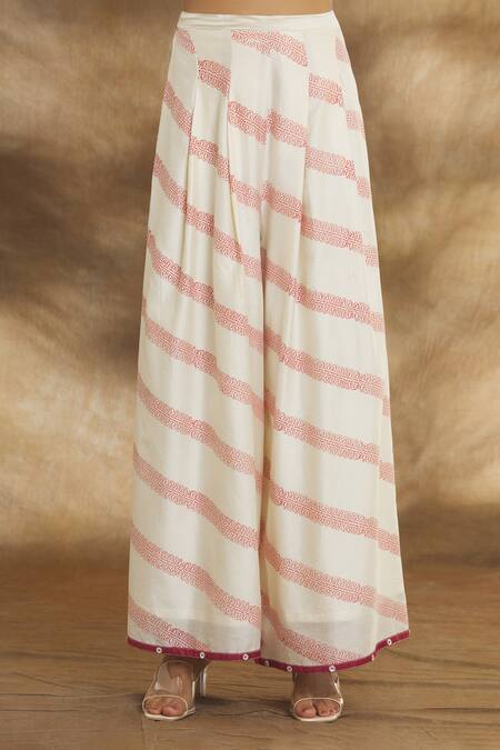 Shop Peenacolada White Chanderi Mandarin Collar Block Print Kurta Palazzo Set Online at Aza Fashions Shop_Peenacolada_White Chanderi Mandarin Collar Block Print Kurta Palazzo Set _Online_at_Aza_Fashions