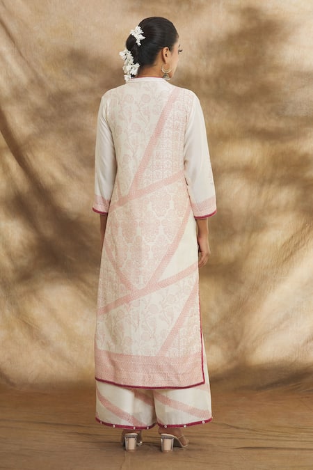 Peenacolada White Chanderi Mandarin Collar Block Print Kurta Palazzo Set Online at Aza Fashions Peenacolada_White Chanderi Mandarin Collar Block Print Kurta Palazzo Set _Online_at_Aza_Fashions