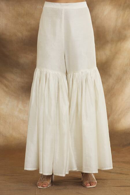 Shop_Peenacolada_Off White Chanderi Sequins High Neck Embroidered Short Anarkali Gharara Set _Online_at_Aza_Fashions