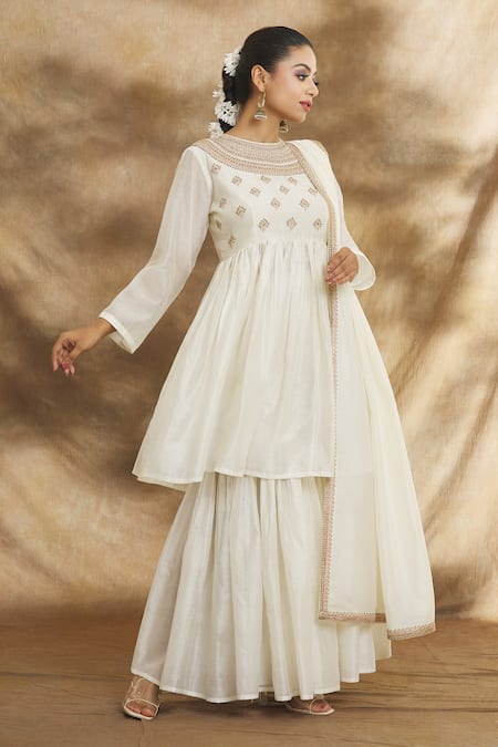 Najma Off White Colour Embroidered Short Anarkali With Blue Colour Sharara  And Off White Colour Dupatta