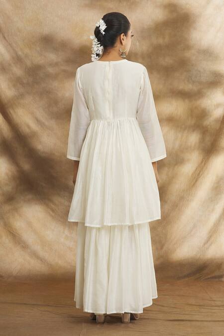 Peenacolada_Off White Chanderi Sequins High Neck Embroidered Short Anarkali Gharara Set _Online_at_Aza_Fashions