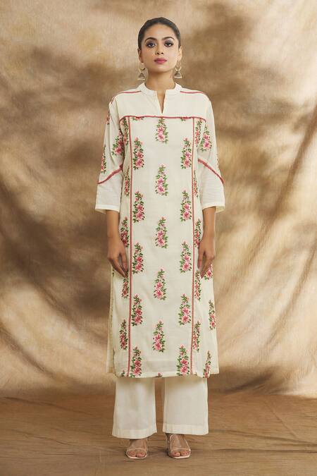 Buy Peenacolada Off White Cotton Embroidery Mandarin Collar Kurta Pant Set Online at Aza Fashions Buy_Peenacolada_Off White Cotton Embroidery Mandarin Collar Kurta Pant Set _Online_at_Aza_Fashions