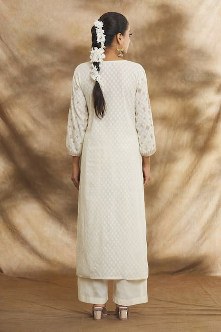 Peenacolada_Off White Cotton Sequins, Embroidery Split V-neck Kurta Pant Set _Online_at_Aza_Fashions