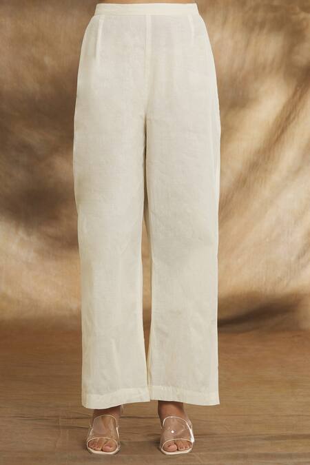 Peenacolada_Off White Cotton Tassels, Embroidery Round Neck Resham Kurta Pant Set _at_Aza_Fashions