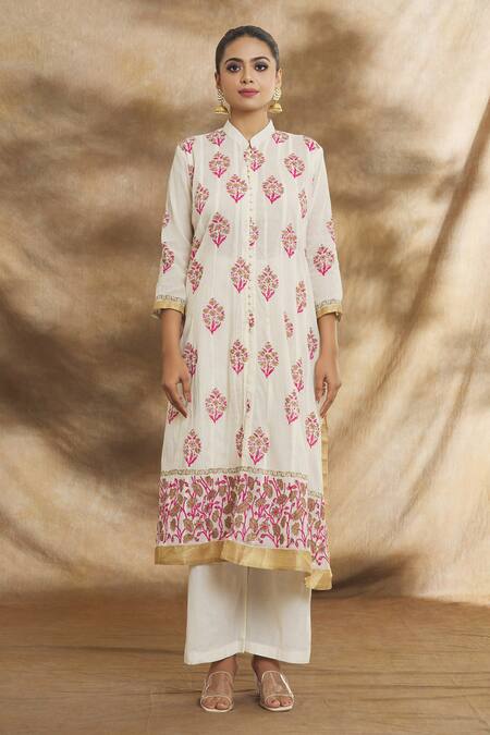 Buy_Peenacolada_Cream Cotton Embroidery Bandeau Neck Floral Print Straight Kurta Set _Online_at_Aza_Fashions