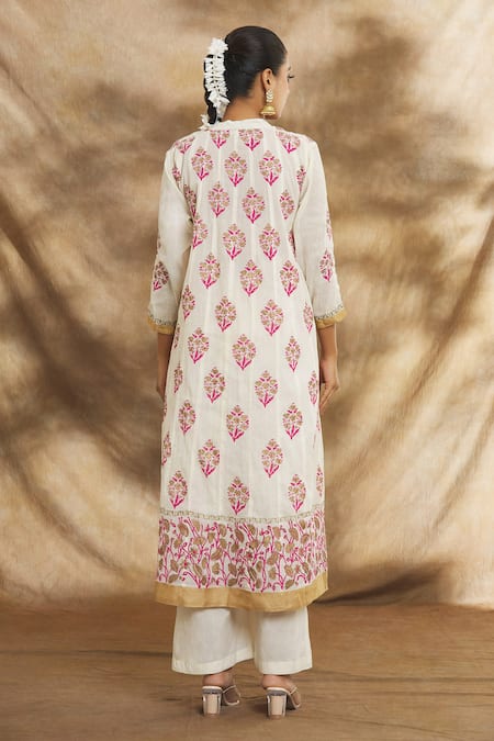 Peenacolada_Cream Cotton Embroidery Bandeau Neck Floral Print Straight Kurta Set _Online_at_Aza_Fashions