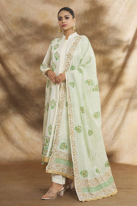 Shop_Peenacolada_Cream Cotton, Muslin Embroidery Bandeau Neck Straight Floral Print Kurta Set _Online_at_Aza_Fashions