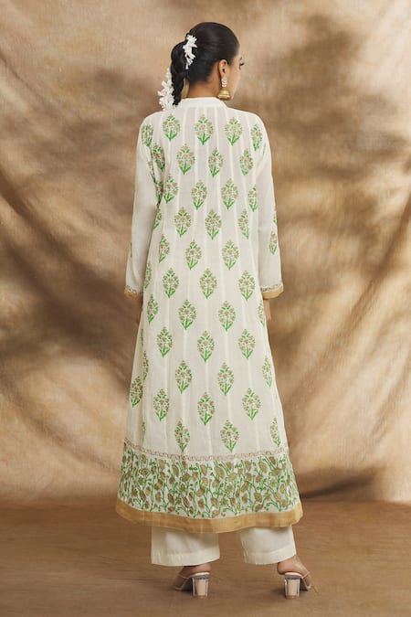 Peenacolada_Cream Cotton, Muslin Embroidery Bandeau Neck Straight Floral Print Kurta Set _Online_at_Aza_Fashions