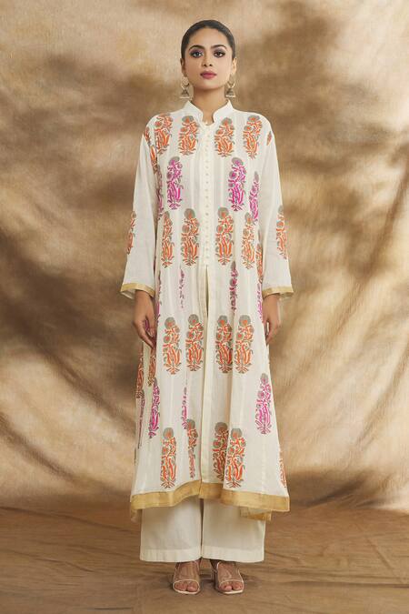 Peenacolada Cream Cotton Embroidery Bandeau Neck Straight Floral Block Print Kurta Set Online at Aza Fashions Peenacolada_Cream Cotton Embroidery Bandeau Neck Straight Floral Block Print Kurta Set_Online_at_Aza_Fashions