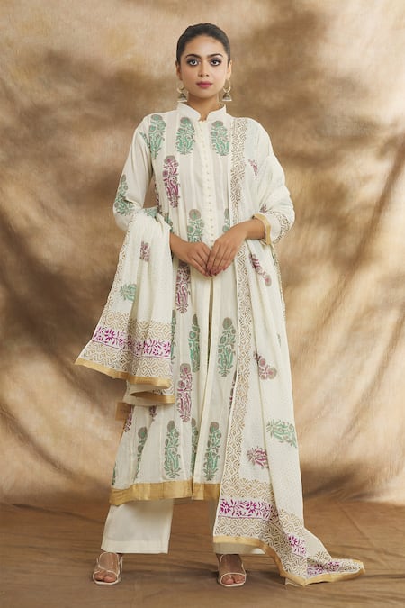 Peenacolada Cream Mulmul Printed Floral Band Collar Block Kurta Straight Set 