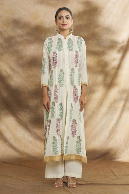 Buy Peenacolada Cream Cotton Embroidery Bandeau Neck Floral Block Print Kurta Straight Set Online at Aza Fashions Buy_Peenacolada_Cream Cotton Embroidery Bandeau Neck Floral Block Print Kurta Straight Set _Online_at_Aza_Fashions