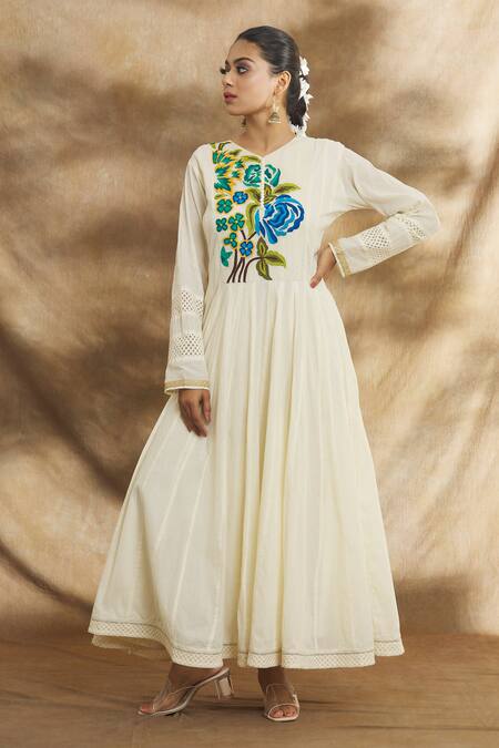 Peenacolada_Cream Cotton Embroidery, Lace V-neck Floral Anarkali _at_Aza_Fashions
