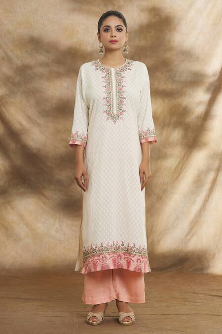 Buy Peenacolada Off White Cotton Embroidery Round Neck Zari Straight Kurta Set Online at Aza Fashions Buy_Peenacolada_Off White Cotton Embroidery Round Neck Zari Straight Kurta Set _Online_at_Aza_Fashions