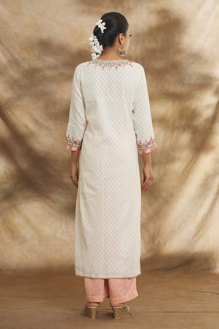 Peenacolada Off White Cotton Embroidery Round Neck Zari Straight Kurta Set Online at Aza Fashions Peenacolada_Off White Cotton Embroidery Round Neck Zari Straight Kurta Set _Online_at_Aza_Fashions