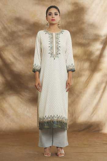 Buy Peenacolada Off White Cotton, Jacquard, Chiffon Embroidery Round Aari Floral Kurta Pant Set Online at Aza Fashions Buy_Peenacolada_Off White Cotton, Jacquard, Chiffon Embroidery Round Aari Floral Kurta Pant Set _Online_at_Aza_Fashions