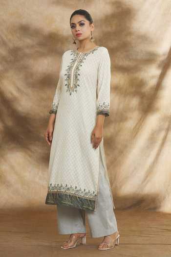Shop Peenacolada Off White Cotton, Jacquard, Chiffon Embroidery Round Aari Floral Kurta Pant Set Online at Aza Fashions Shop_Peenacolada_Off White Cotton, Jacquard, Chiffon Embroidery Round Aari Floral Kurta Pant Set _Online_at_Aza_Fashions