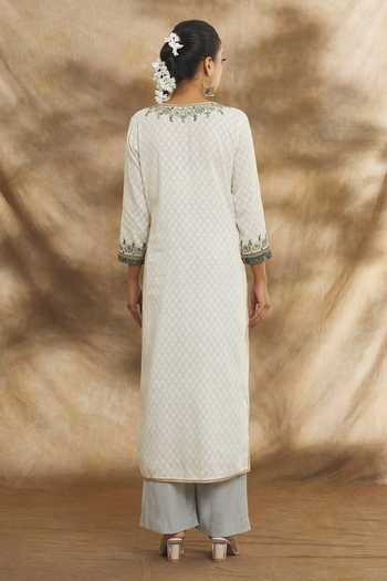 Peenacolada Off White Cotton, Jacquard, Chiffon Embroidery Round Aari Floral Kurta Pant Set Online at Aza Fashions Peenacolada_Off White Cotton, Jacquard, Chiffon Embroidery Round Aari Floral Kurta Pant Set _Online_at_Aza_Fashions