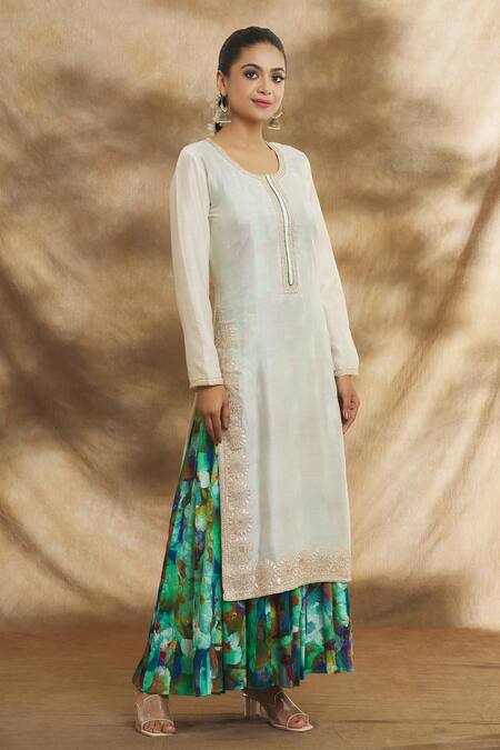 Shop_Peenacolada_Cream Chanderi Gota Patti, Embroidery Round Neck Kurta With Long Inner _Online_at_Aza_Fashions