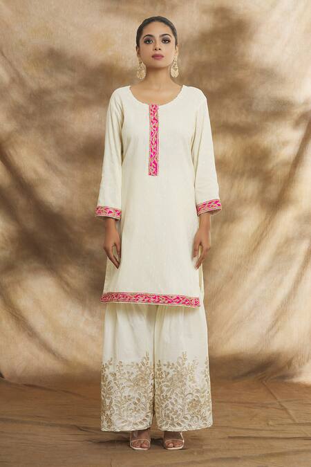 Buy_Peenacolada_Cream Cotton, Jacquard Embroidery, Zari Round Neck Floral Kurta Gharara Set _Online_at_Aza_Fashions