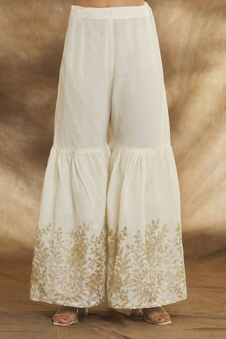 Shop_Peenacolada_Cream Cotton, Jacquard Embroidery, Zari Round Neck Floral Kurta Gharara Set _Online_at_Aza_Fashions