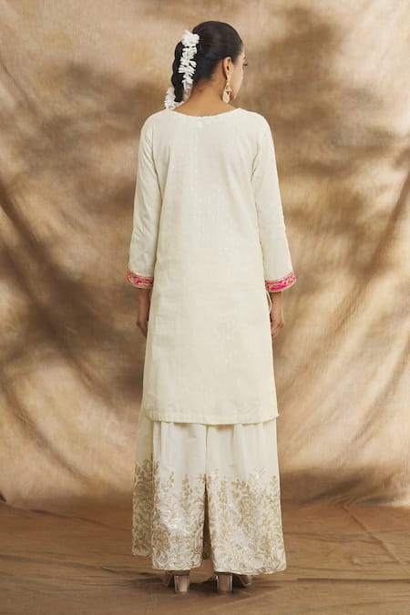 Peenacolada_Cream Cotton, Jacquard Embroidery, Zari Round Neck Floral Kurta Gharara Set _Online_at_Aza_Fashions