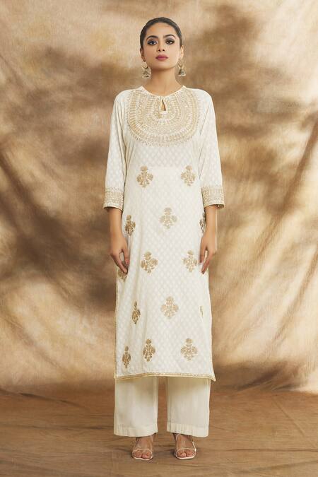 Shop_Peenacolada_Off White Cotton Embroidery Round Neck Blossom Aari Kurta Pant Set _Online_at_Aza_Fashions