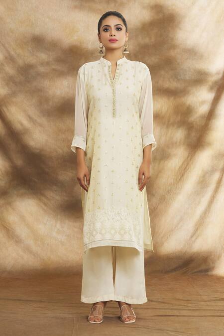 Buy_Peenacolada_Beige Tissue, Chanderi Embroidery Mandarin Collar Kurta Pant Set _Online_at_Aza_Fashions