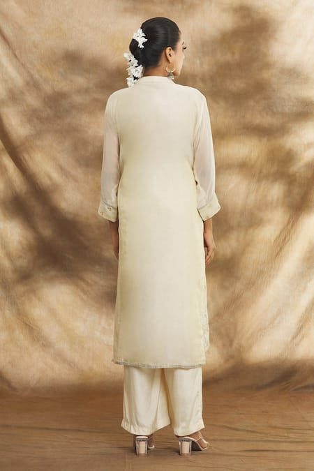 Peenacolada_Beige Tissue, Chanderi Embroidery Mandarin Collar Kurta Pant Set _Online_at_Aza_Fashions
