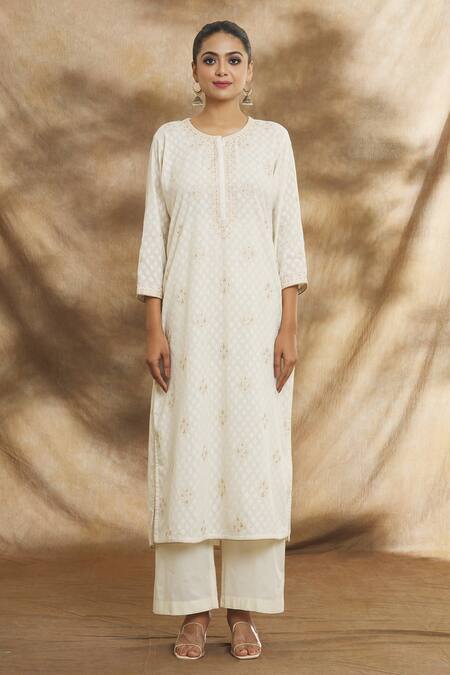 Buy_Peenacolada_Off White Cotton Embroidery Round Neck Aari Kurta Pant Set _Online_at_Aza_Fashions