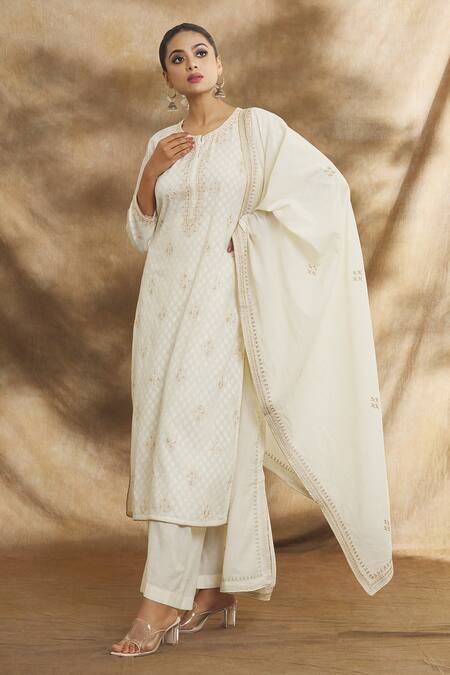 Shop_Peenacolada_Off White Cotton Embroidery Round Neck Aari Kurta Pant Set _Online_at_Aza_Fashions