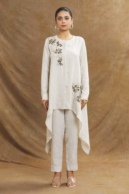 Buy_Linen Bloom_Beige Linen Embroidery Round Neck Cutdana Floral Tunic _Online_at_Aza_Fashions