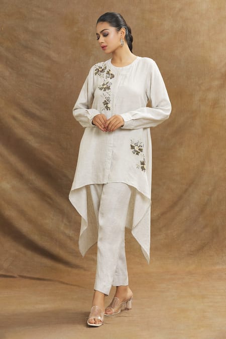 Shop_Linen Bloom_Beige Linen Embroidery Round Neck Cutdana Floral Tunic _Online_at_Aza_Fashions