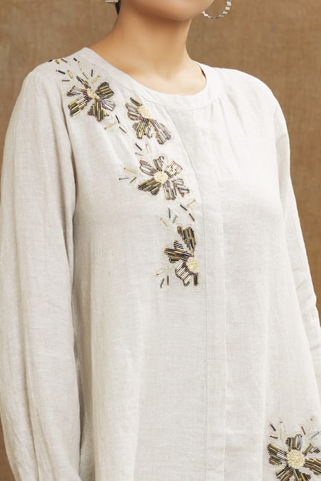 Linen Bloom_Beige Linen Embroidery Round Neck Cutdana Floral Tunic _at_Aza_Fashions