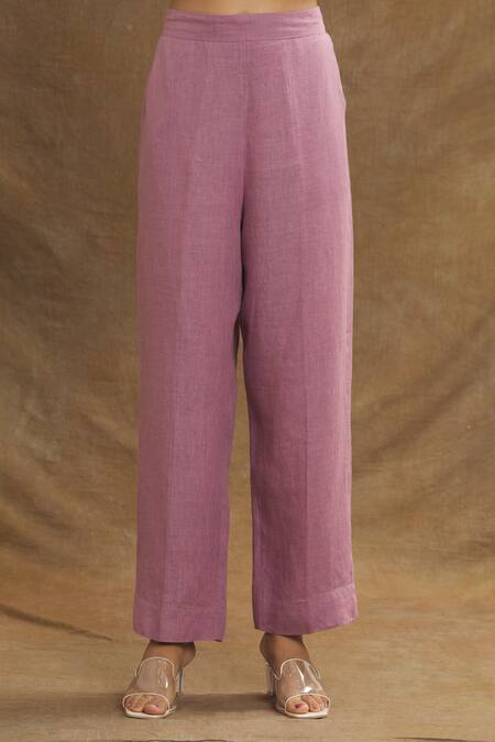 Shop_Linen Bloom_Purple Linen Solid Pant _Online_at_Aza_Fashions
