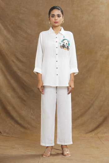 Buy Linen Bloom White Linen Embroidery Collared Panda Shirt Online at Aza Fashions Buy_Linen Bloom_White Linen Embroidery Collared Panda Shirt _Online_at_Aza_Fashions