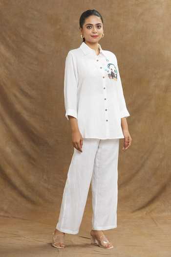 Shop Linen Bloom White Linen Embroidery Collared Panda Shirt Online at Aza Fashions Shop_Linen Bloom_White Linen Embroidery Collared Panda Shirt _Online_at_Aza_Fashions