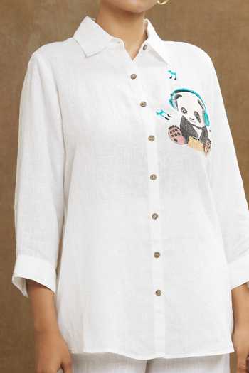 Linen Bloom White Linen Embroidery Collared Panda Shirt at Aza Fashions Linen Bloom_White Linen Embroidery Collared Panda Shirt _at_Aza_Fashions