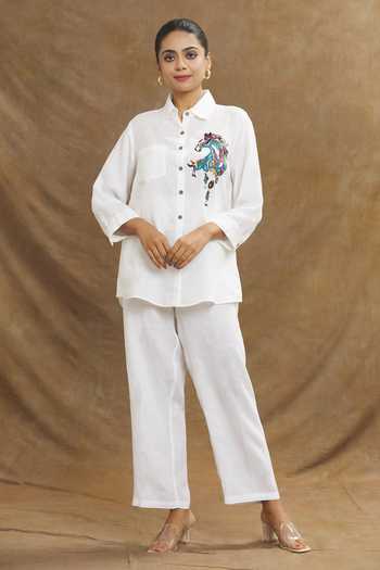 Buy Linen Bloom White Linen Embroidery Collared Abstract Horse Shirt at Aza Fashions Buy_Linen Bloom_White Linen Embroidery Collared Abstract Horse Shirt _at_Aza_Fashions