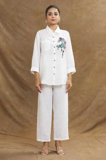 Buy Linen Bloom White Linen Embroidery Collared Abstract Horse Shirt Online at Aza Fashions Buy_Linen Bloom_White Linen Embroidery Collared Abstract Horse Shirt _Online_at_Aza_Fashions