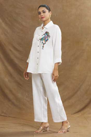 Shop Linen Bloom White Linen Embroidery Collared Abstract Horse Shirt Online at Aza Fashions Shop_Linen Bloom_White Linen Embroidery Collared Abstract Horse Shirt _Online_at_Aza_Fashions