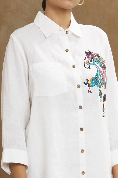 Linen Bloom White 100% Linen Embroidery Marlin Fish Shirt For Men| Aza Fashions| Party