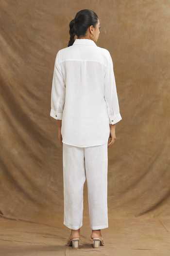 Linen Bloom White Linen Embroidery Collared Abstract Horse Shirt Online at Aza Fashions Linen Bloom_White Linen Embroidery Collared Abstract Horse Shirt _Online_at_Aza_Fashions